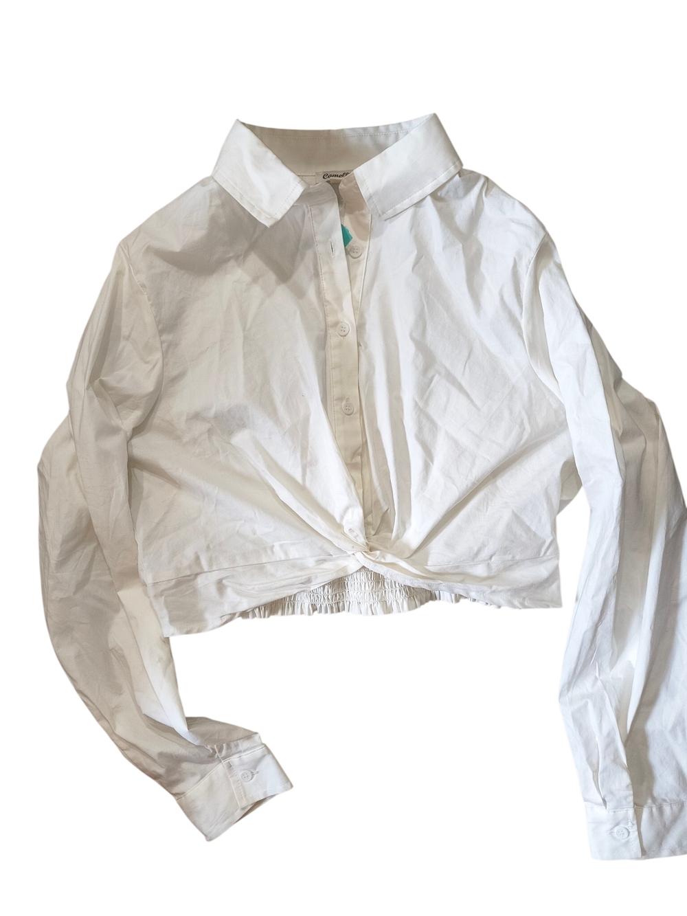 Cropped Twist Front Button-Down Shirt - White
